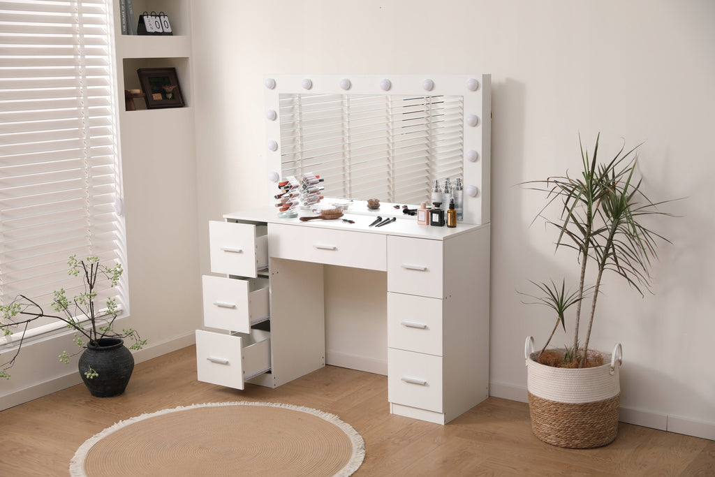 LED Makeup Vanity Table DT10 with Large Mirror 7 Drawers 3 Color Light Modes White Dressing Table 110cm