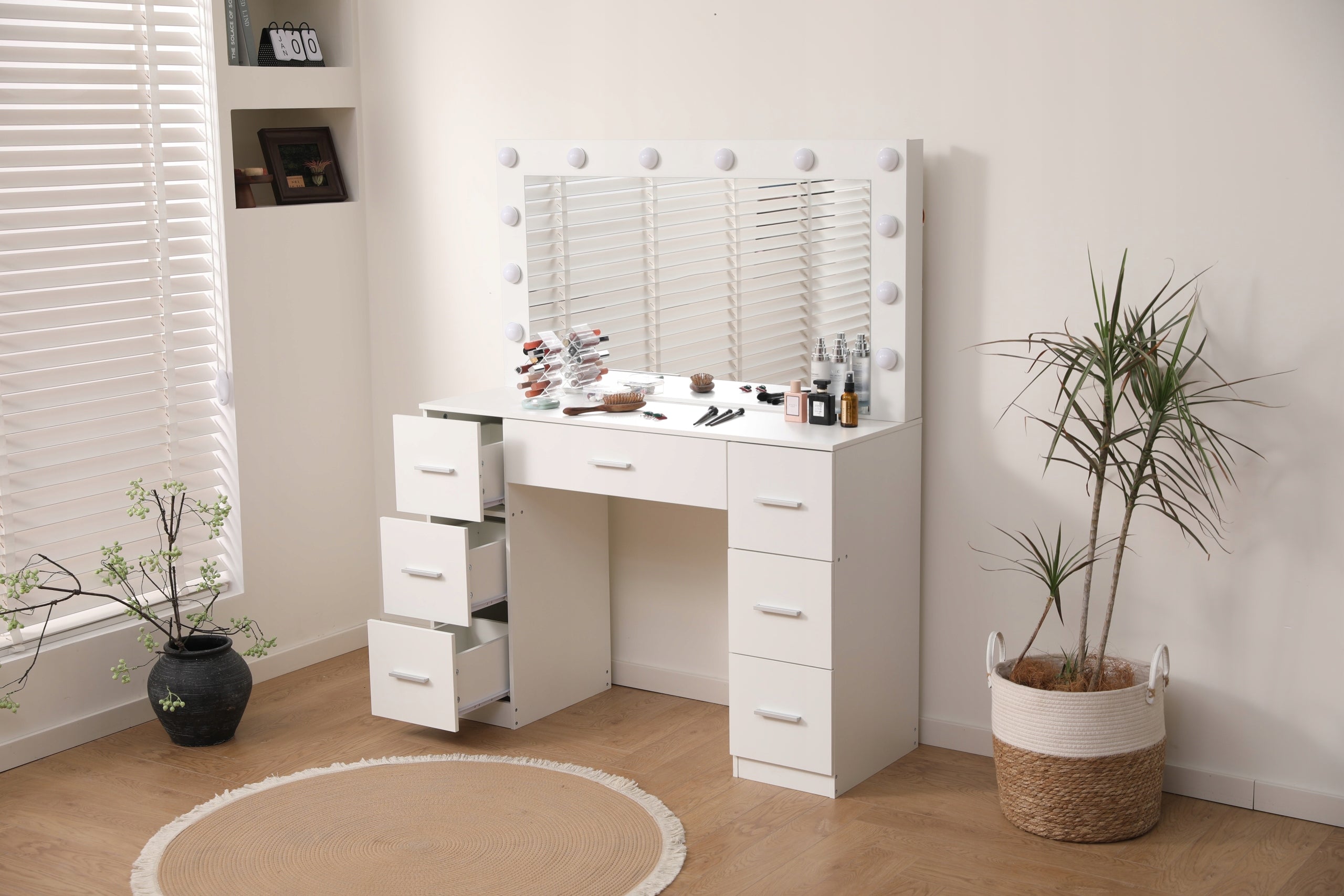 LED Makeup Vanity Table DT10 with Large Mirror 7 Drawers 3 Color Light Modes White Dressing Table 110cm