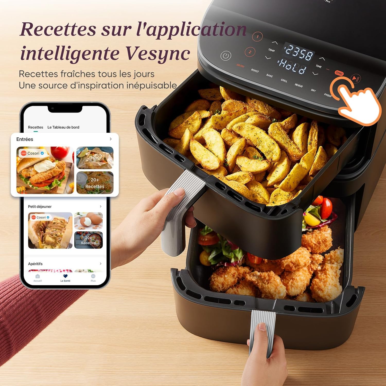 Friteuse sans huile Turbo Tower Pro 10,8 L Double Stack 2630 W 7 fonctions céramique température 30 à 230 °C noir