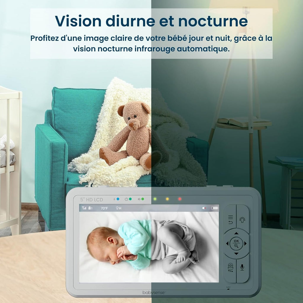 Babyphone vidéo HD HDS2 écran 5 pouces 2 caméras 720p sans WiFi audio bidirectionnel vision nocturne zoom x4