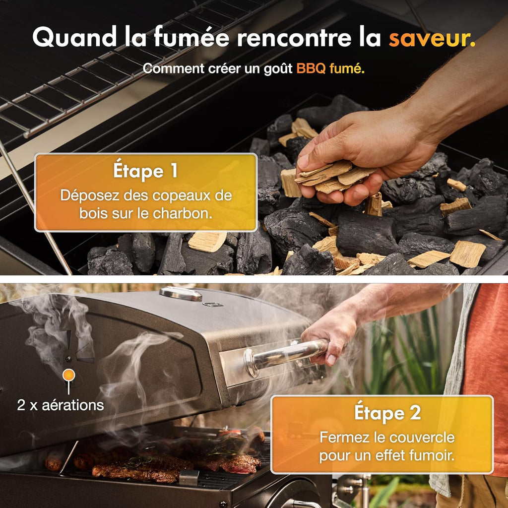 Barbecue au charbon XL American 2 en 1 grill fumoir grille fonte 57 x 41 cm thermomètre tablettes rabattables noir