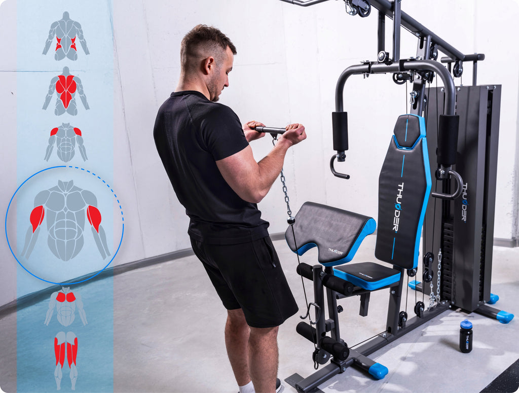 Atlas treningowy FORCE wielofunkcyjny do ćwiczeń siłowych wyciąg górny prasa do nóg modlitewnik stos 87 kg