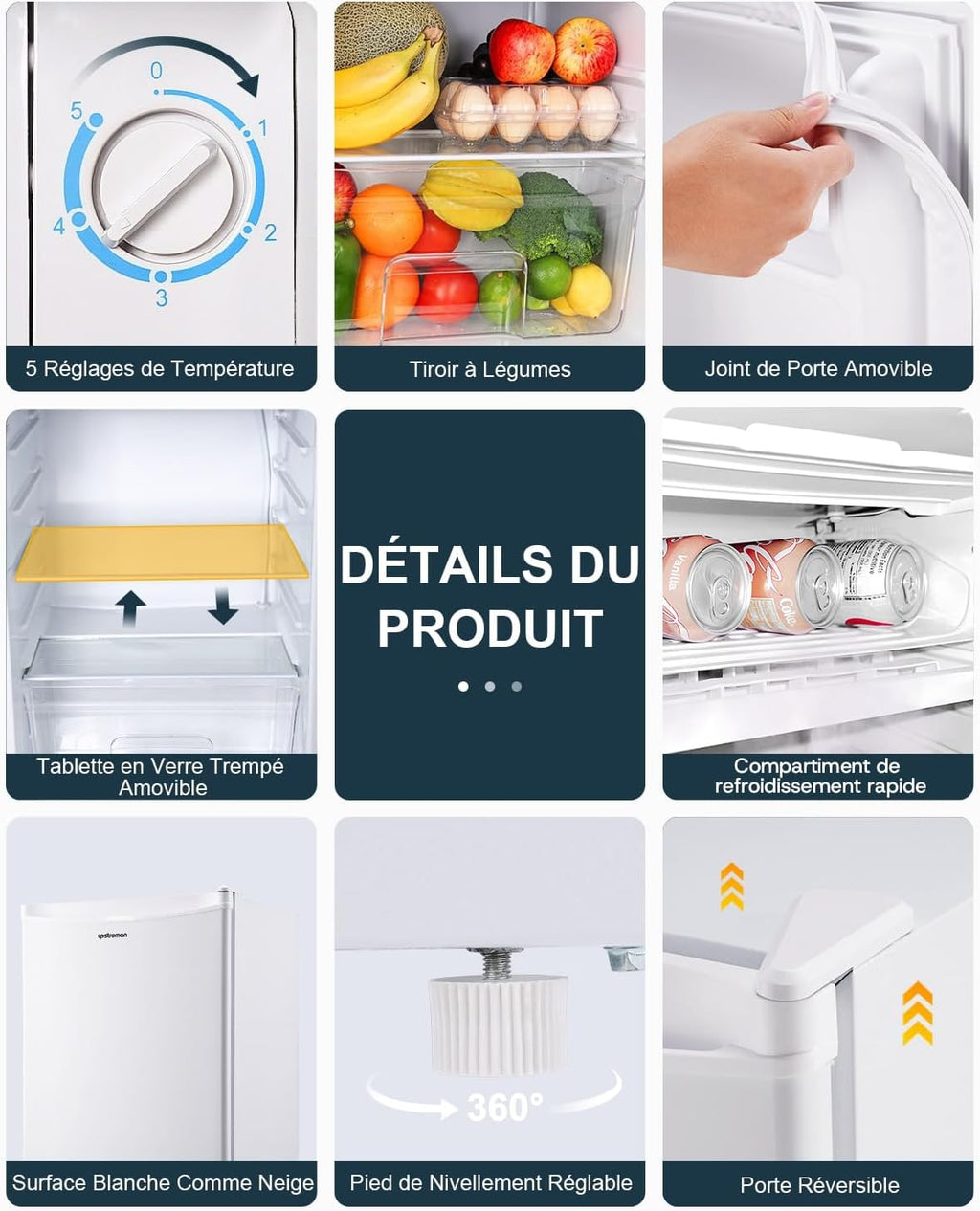 Petit réfrigérateur BR321 91 L avec congélateur 8,5 L thermostat réglable porte réversible blanc