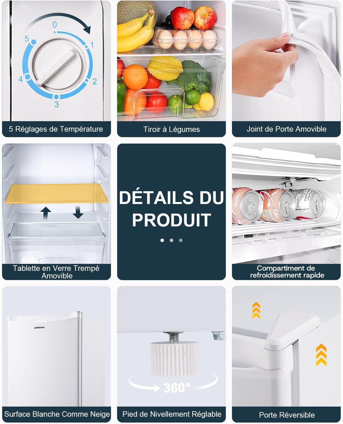 Petit réfrigérateur BR321 91 L avec congélateur 8,5 L thermostat réglable porte réversible blanc