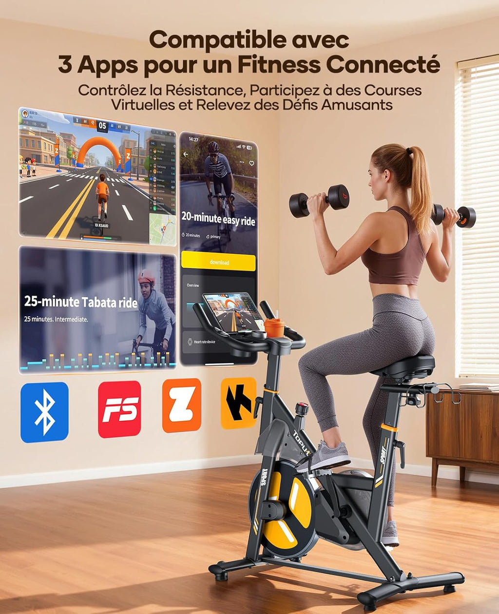 Vélo d’appartement TEB5 résistance magnétique électrique 32 niveaux écran tactile capteur cardiaque Bluetooth charge 150 kg