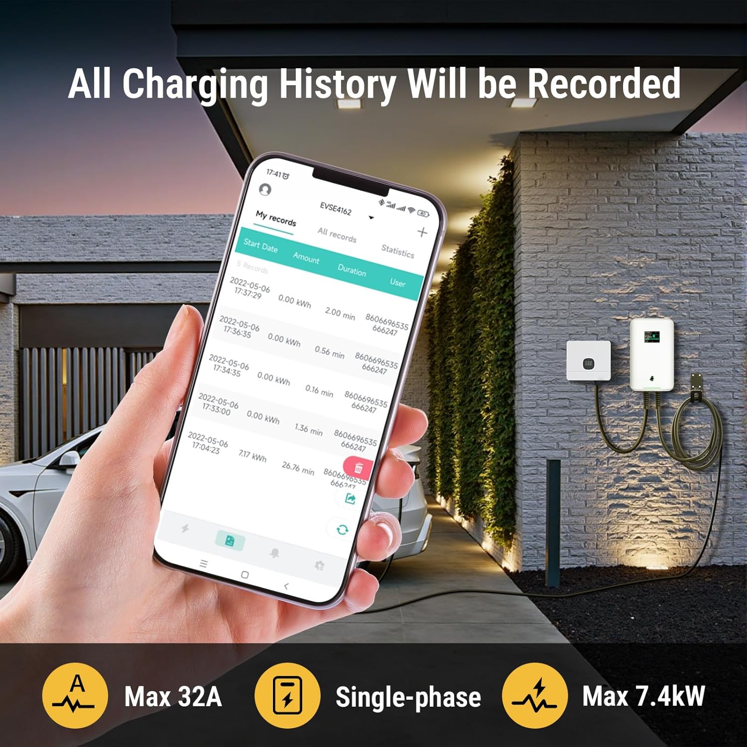 Chargeur EV Type 2 7KW-APP 32 A 7,68 kW câble 6,1 m Bluetooth WiFi IEC 62196-2 blanc