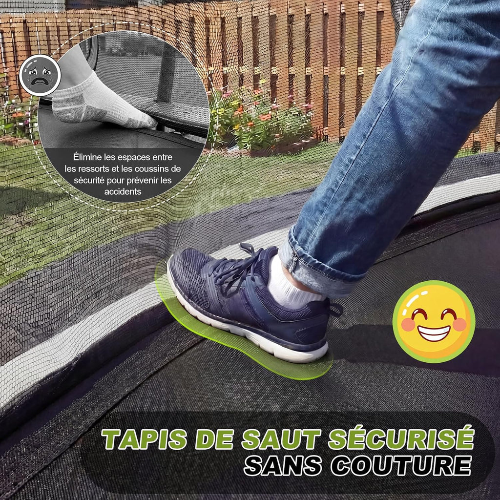 Trampoline extérieur diamètre 228-427cm avec filet sécurité couverture protection capacité charge 150kg enfants