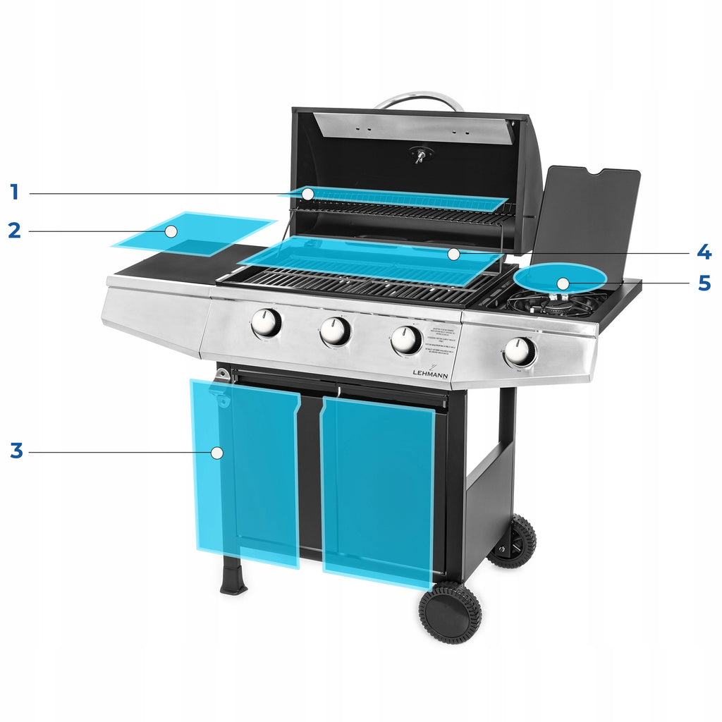 Grill gazowy ogrodowy Texas 3+1 z żeliwnym rusztem pokrowcem termometrem i palnikiem bocznym do grillowania