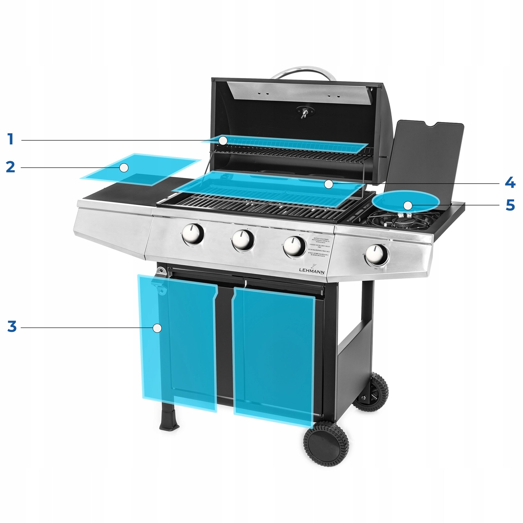 Grill gazowy ogrodowy Texas 3+1 z żeliwnym rusztem pokrowcem termometrem i palnikiem bocznym do grillowania