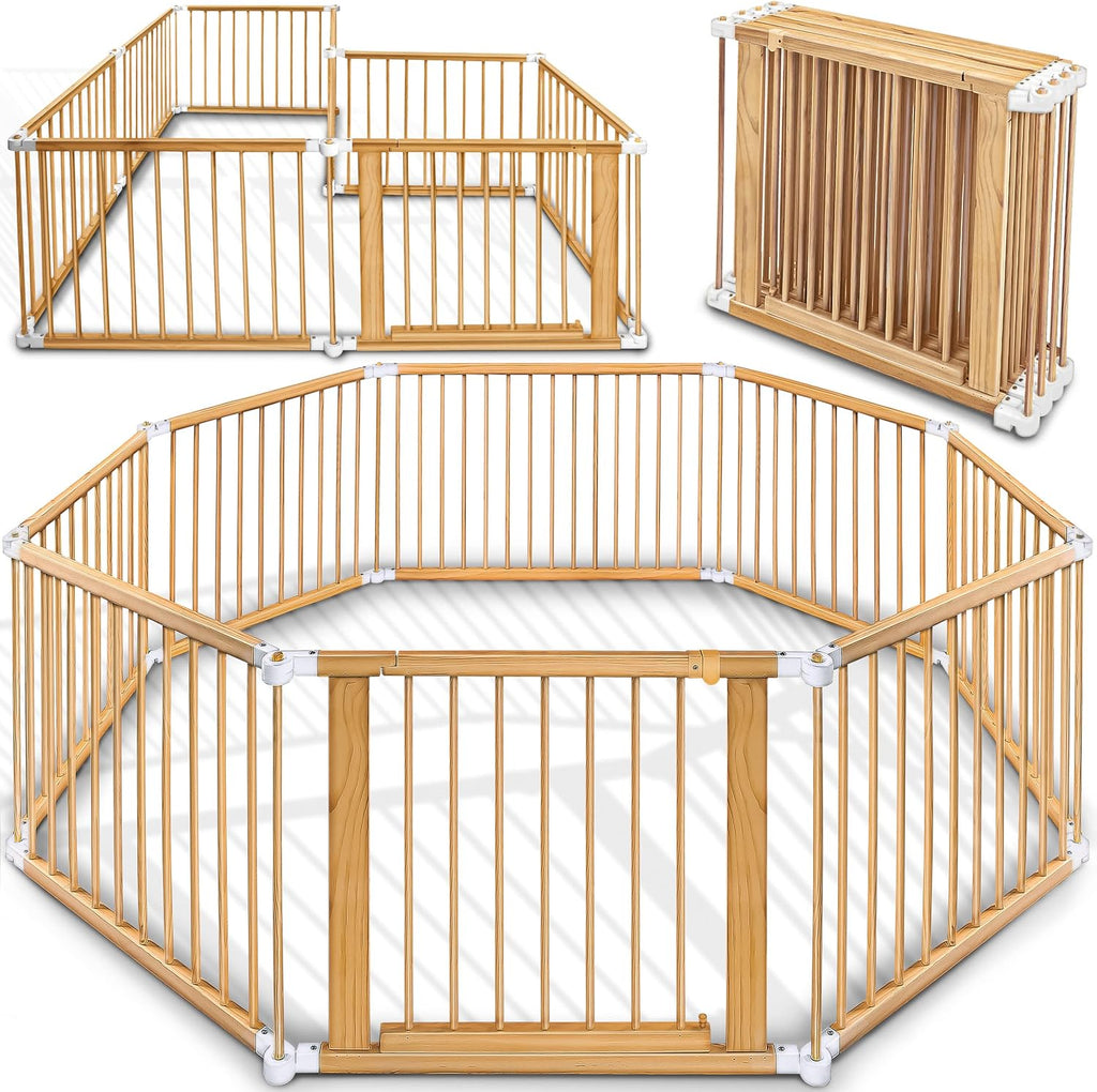 Parc bébé barrière de sécurité XXL 7,2 m 8 pièces bois pliant avec porte forme réglable blanc naturel