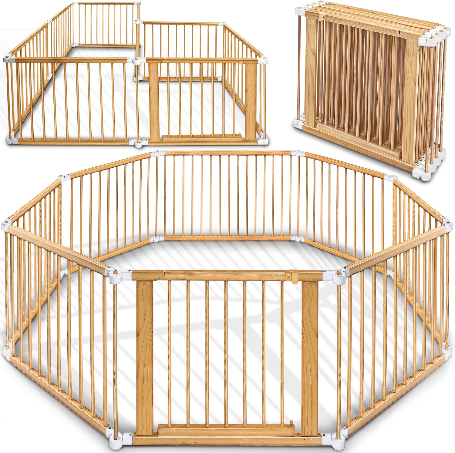 Parc bébé barrière de sécurité XXL 7,2 m 8 pièces bois pliant avec porte forme réglable blanc naturel