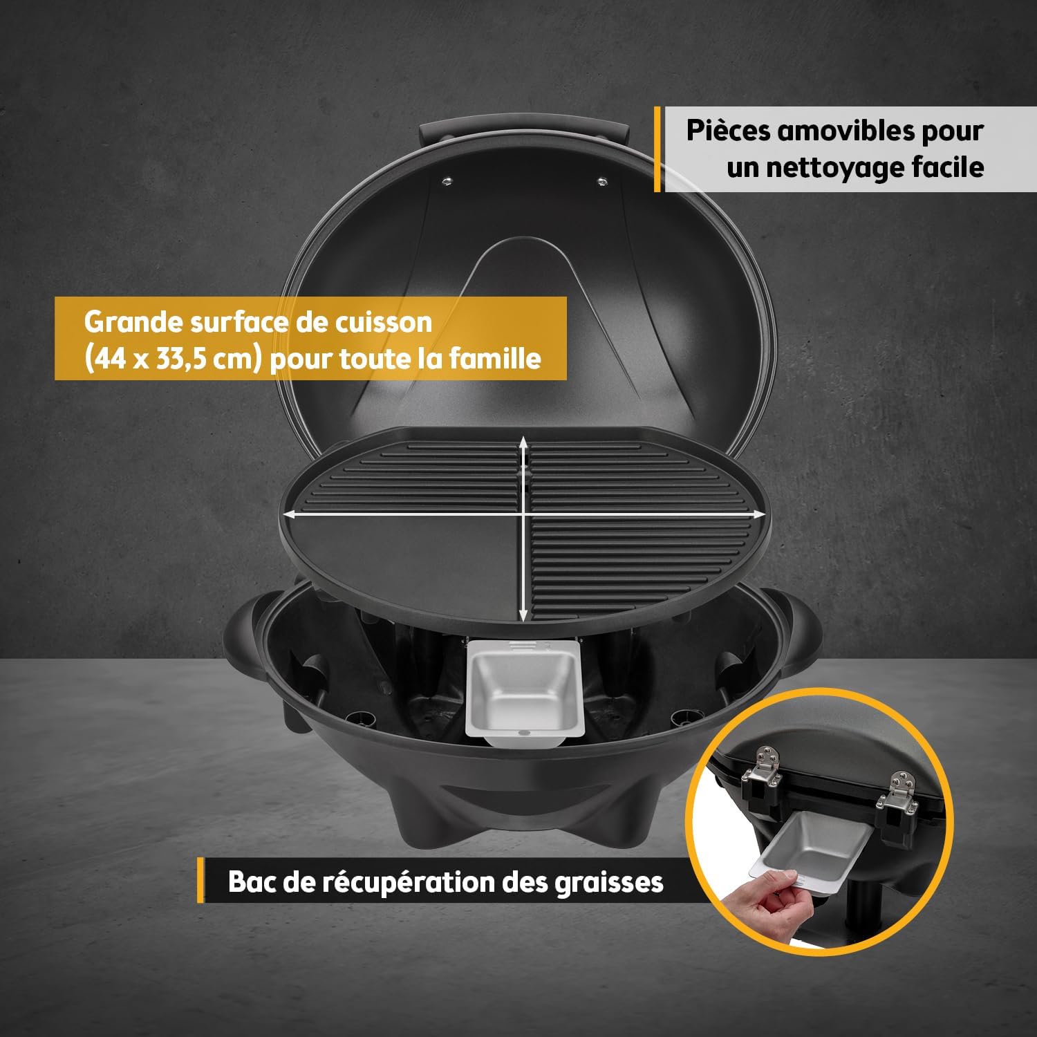 Barbecue électrique 2 en 1 2400 W surface 44 x 33,5 cm couvercle chariot thermomètre bac ramasse-graisse gris noir