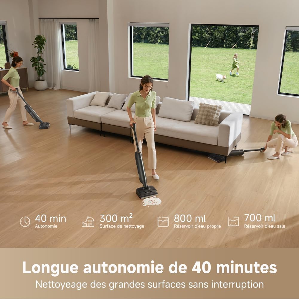 Aspirateur laveur eau et poussière M10 18 kPa portée à plat 180° lavage brosse 75 °C séchage air chaud 5 min