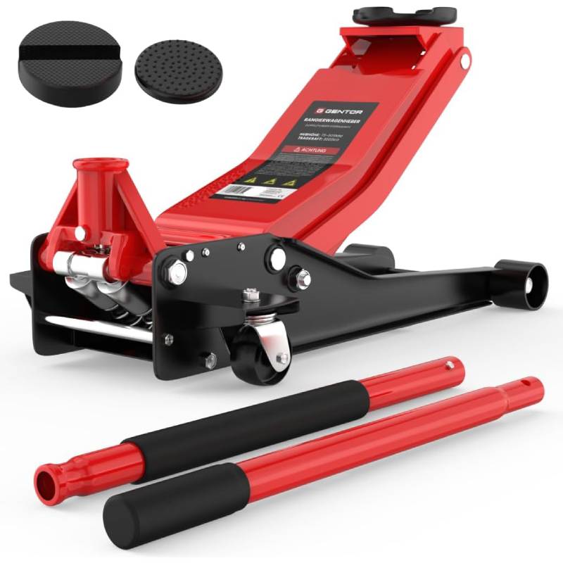 Cric hydraulique 3T GTWH3000 hauteur 75 à 505 mm charge 3000 kg 2 patins caoutchouc roulettes 360 degrés rouge