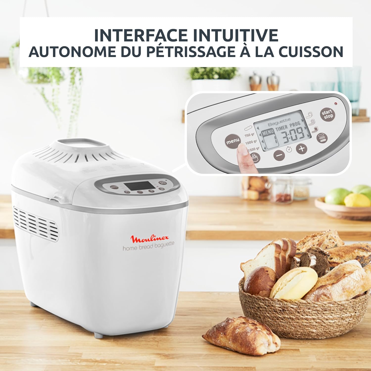 Machine à pain Home Bread Baguette OW610110 1650 W 16 programmes capacité 1,5 kg 3 dorages plaques baguettes blanc