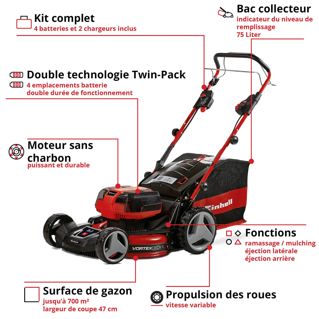 Tondeuse à gazon sans fil GP-CM 36/47 S HW Li Power X-Change 36V largeur de coupe 47 cm autotractée moteur sans charbon avec 4 batteries 4Ah
