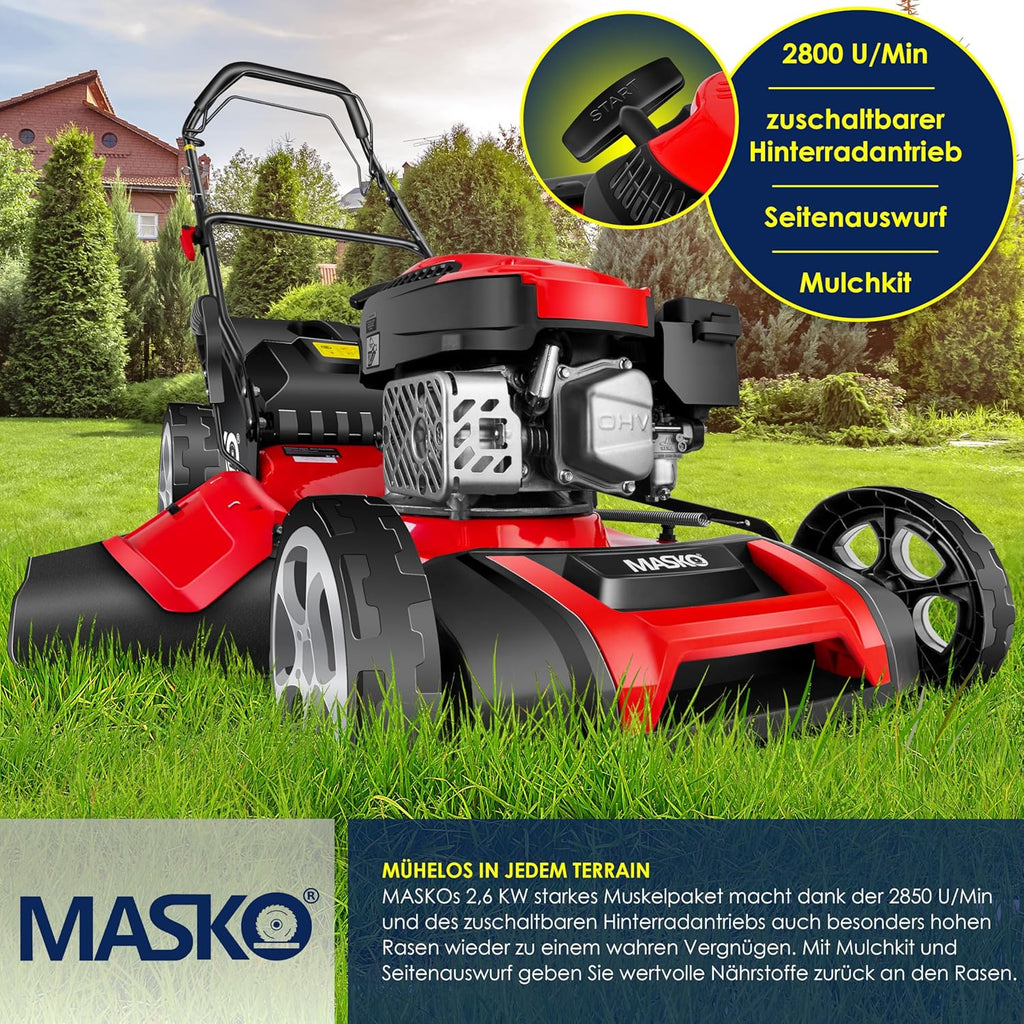 Tondeuse essence 5 en 1 roue motrice largeur coupe 51 cm mulching éjection latérale hauteur réglable