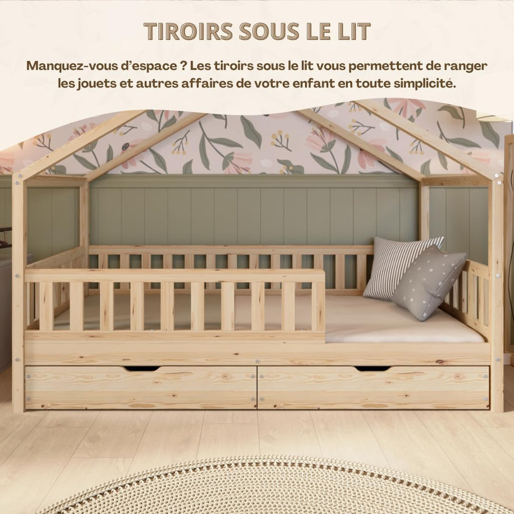 Lit cabane enfant Montessori 190 x 90 cm en bois naturel avec barrière de sécurité et tiroirs de rangement