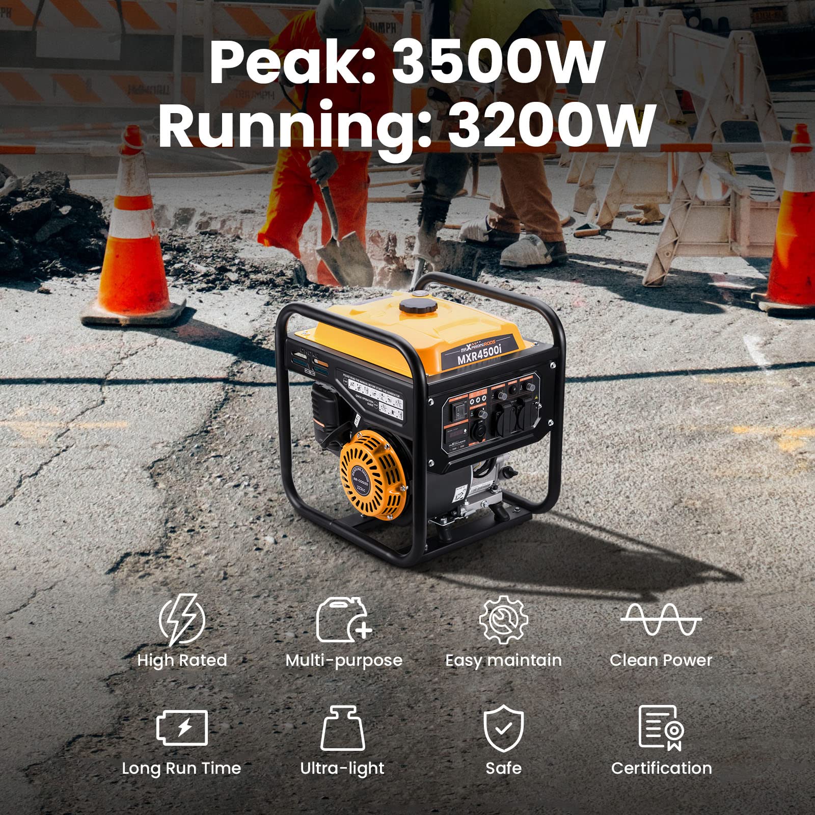 Générateur onduleur portable MXR4500i Pro 3500W moteur essence 4 temps 230V onde sinusoïdale pure réservoir 7,5L écran multifonction
