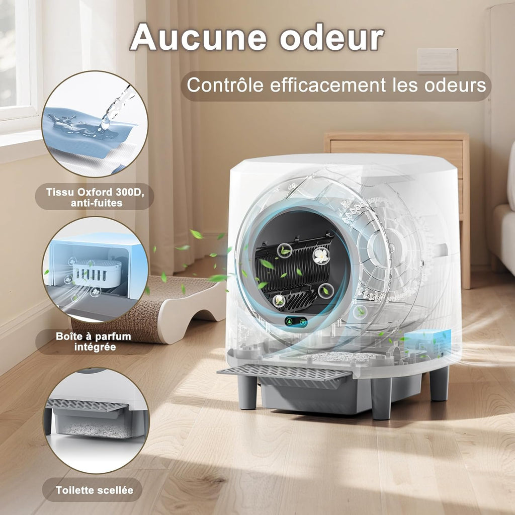 Litière autonettoyante XL Ellenpent 90 L contrôle app anti-fuites anti-pincement anti-odeurs vidage 1 touche blanc