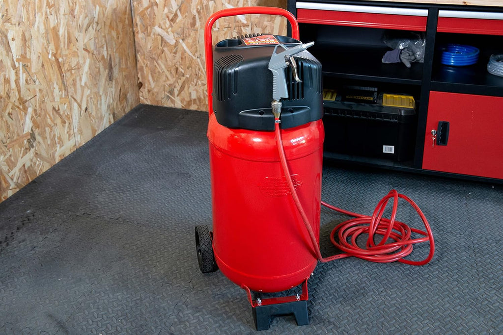 Compresseur Fifty 50 L 2 hp 1500 W 230 V sans huile pression 10 bars débit 140 L/min tuyau 5 m rouge