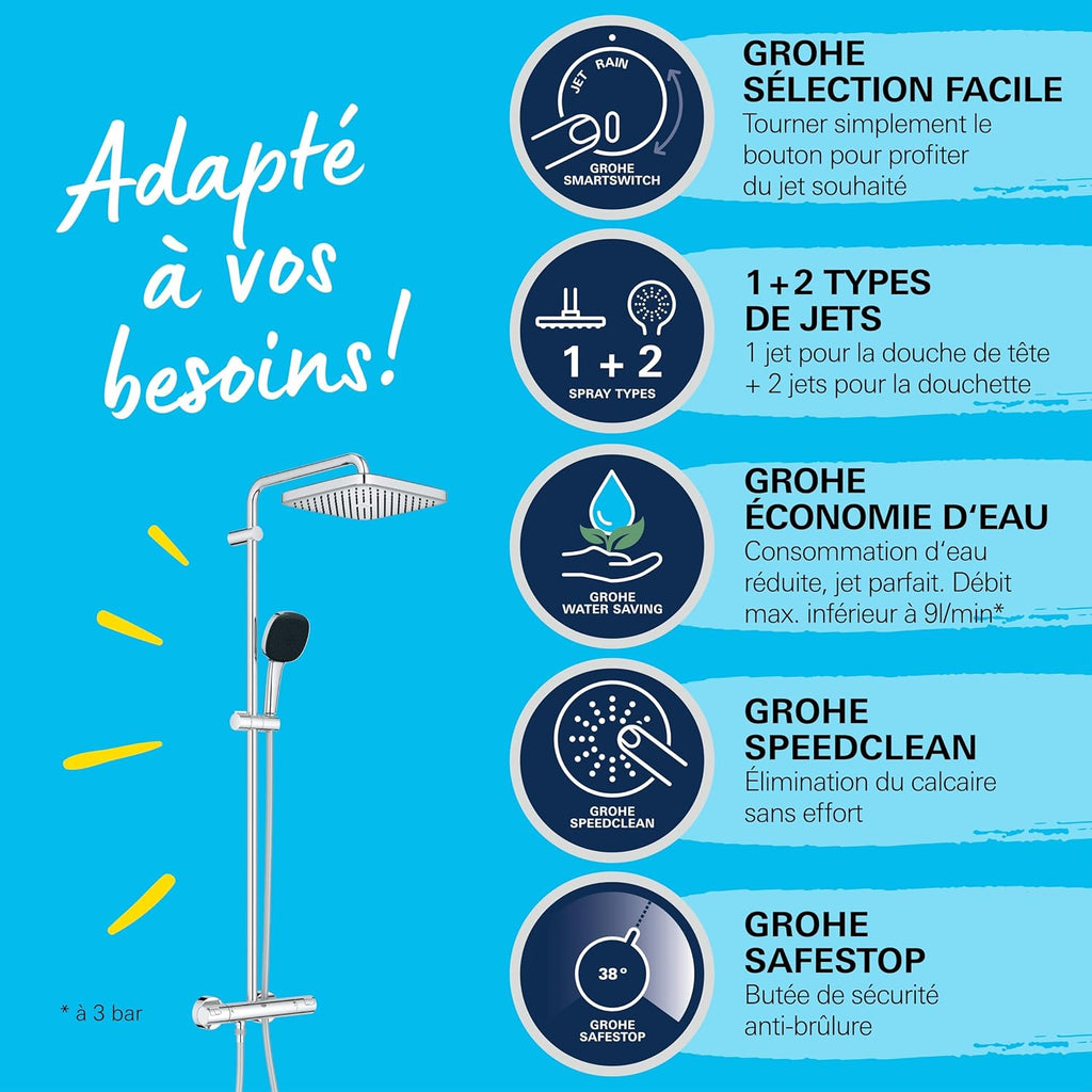 Colonne de douche Vitalio Comfort 250 thermostatique tête 25 cm 1 jet pommeau 11 cm 2 jets flexible 175 cm chromé