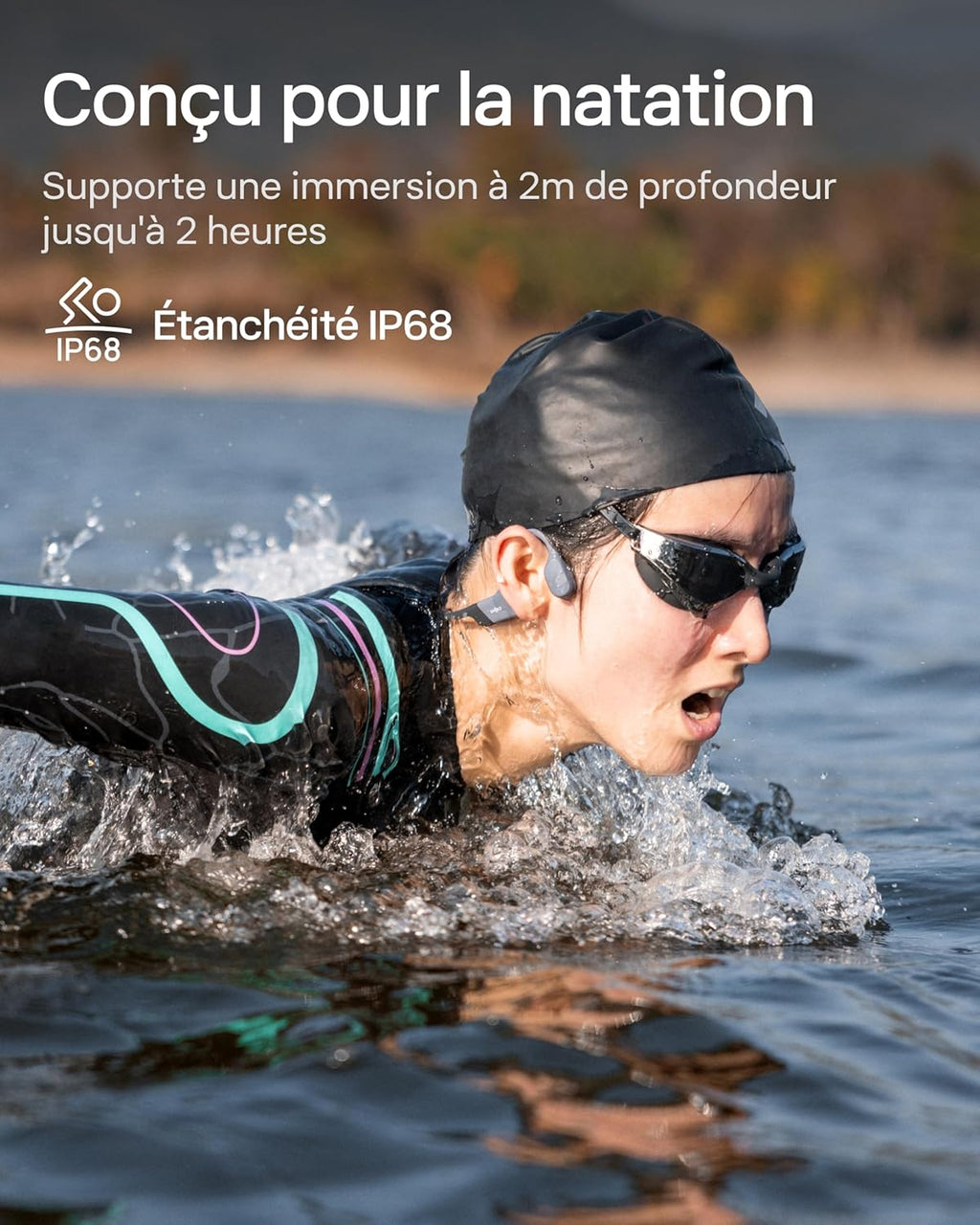 Casque à conduction osseuse OpenSwim Pro IP68 Bluetooth 5.4 stockage MP3 32 Go autonomie 9 h gris