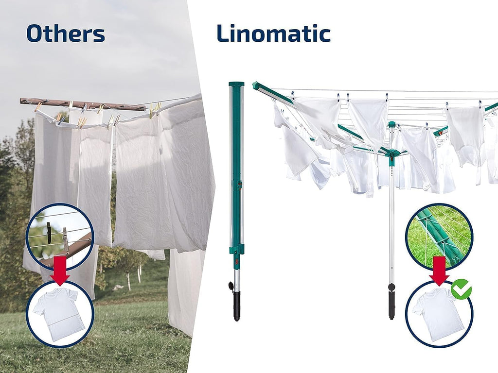 Séchoir parapluie Linomatic 600 Deluxe Cover 60 m étendoir rotatif aluminium Easy-Lift douille fixation housse gris vert