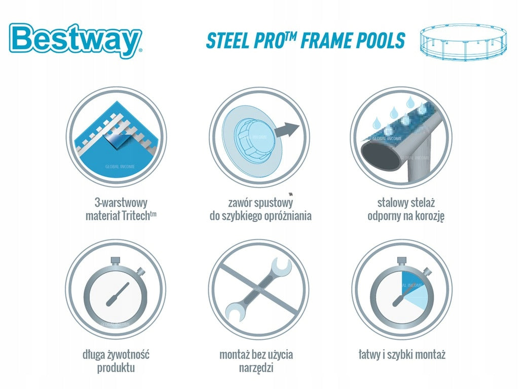 Stabilny Basen Stelażowy 305 x 76 cm z dozownikiem chemii ogrodowy kompletny zestaw Steel Pro Max
