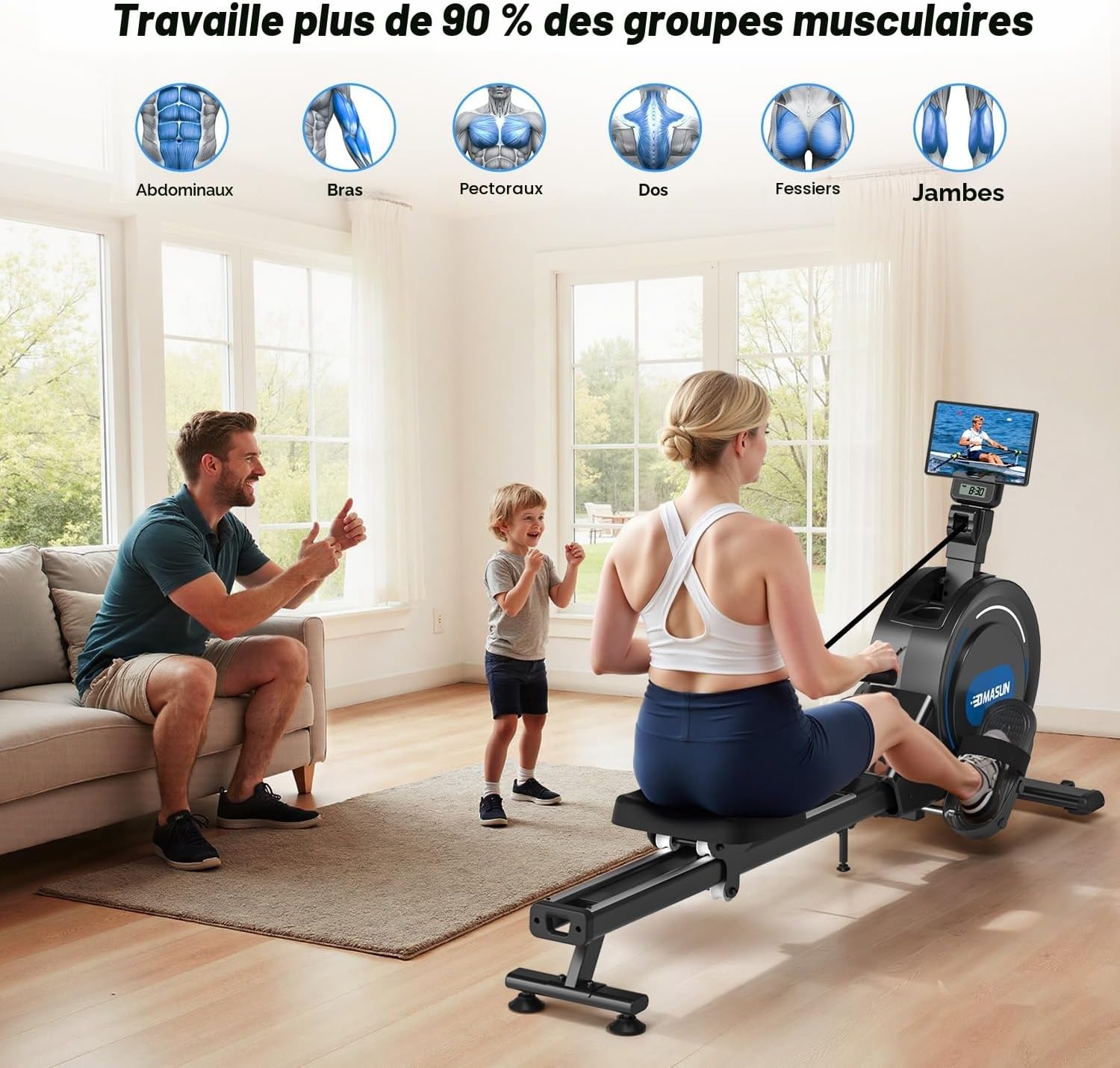Rameur magnétique d’appartement DMASUN 16 niveaux double rail écran LED Bluetooth rangement vertical charge 160 kg
