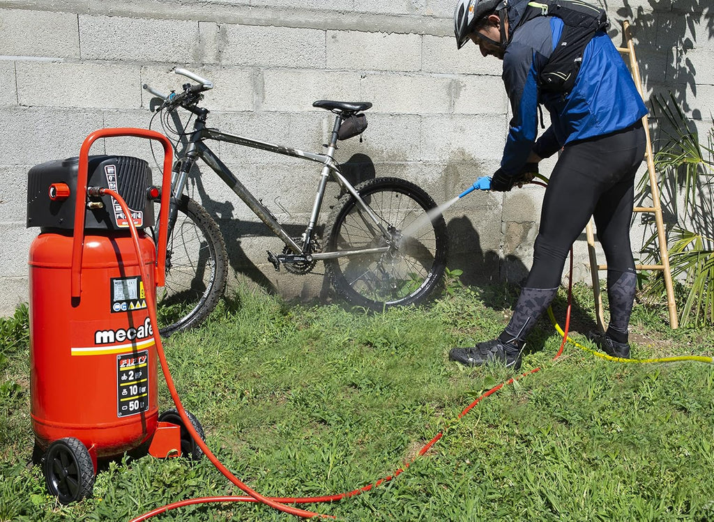 Compresseur Fifty 50 L 2 hp 1500 W 230 V sans huile pression 10 bars débit 140 L/min tuyau 5 m rouge