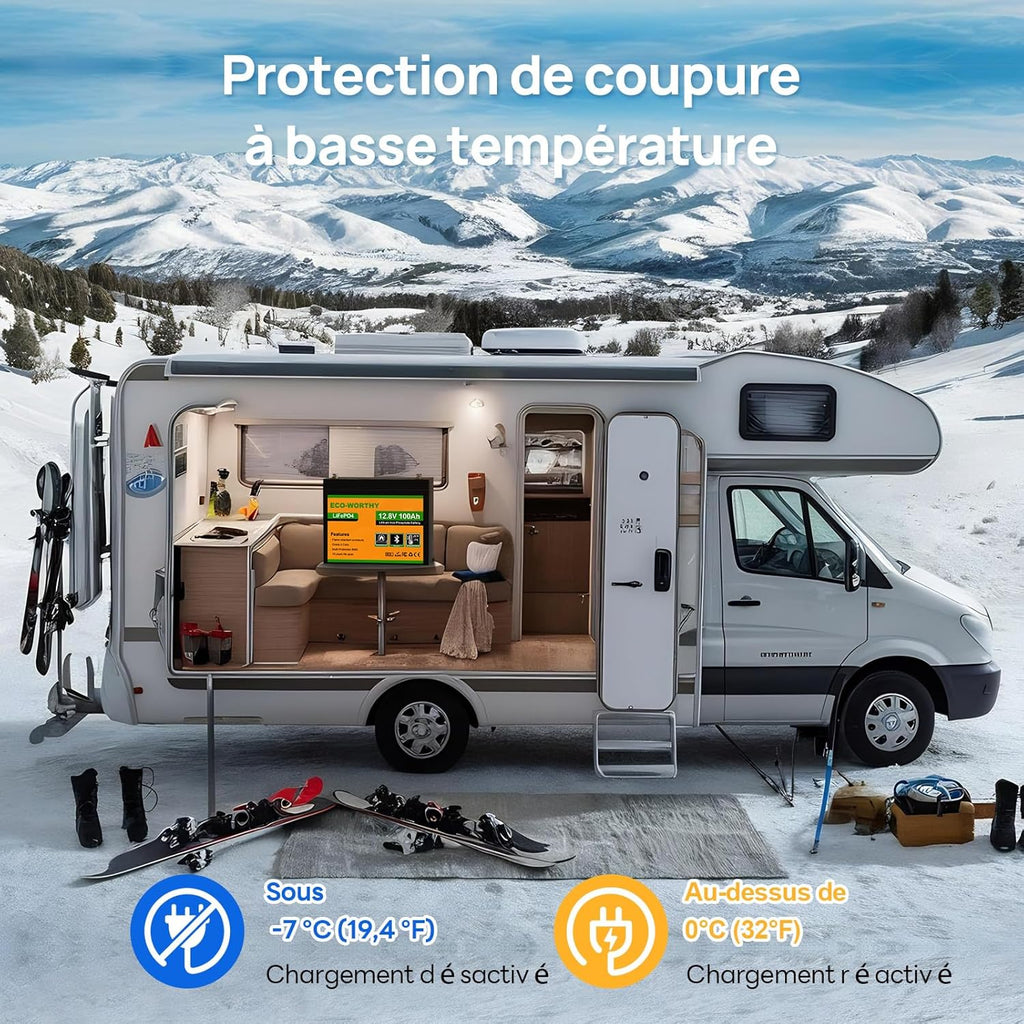 Batterie lithium 12V 100Ah LiFePO4 BMS basse température 4000 à 15000 cycles camping car bateau solaire