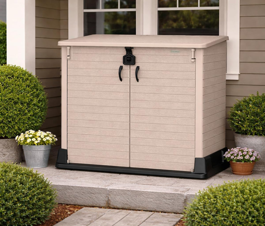Abri de jardin StoreAway 850 L coffre extérieur plastique verrouillable 130 x 74 x 110 cm cache-poubelles taupe
