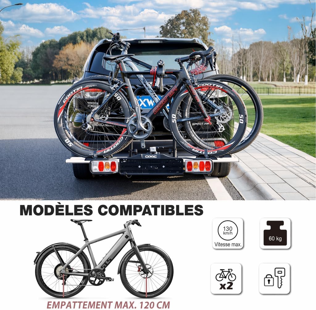 Porte-vélos attelage voiture 2 vélos charge 60 kg pliable avec feu arrière support plaque d'immatriculation noir