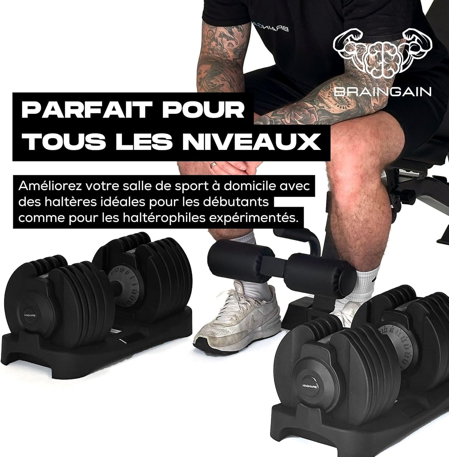 Paire d’haltères réglables 15 en 1 2 x 24 kg poids ajustable 2,5 à 24 kg avec support poignée antidérapante