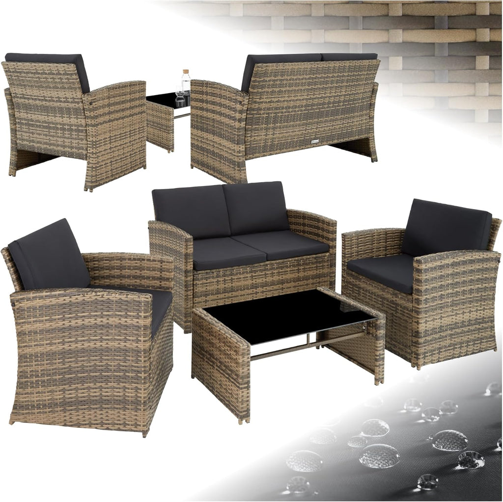 Salon de jardin résine 4 places canapé 2 fauteuils table plateau verre coussins inclus 122 x 70 x 76 cm marron gris