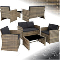 Salon de jardin résine 4 places canapé 2 fauteuils table plateau verre coussins inclus 122 x 70 x 76 cm marron gris