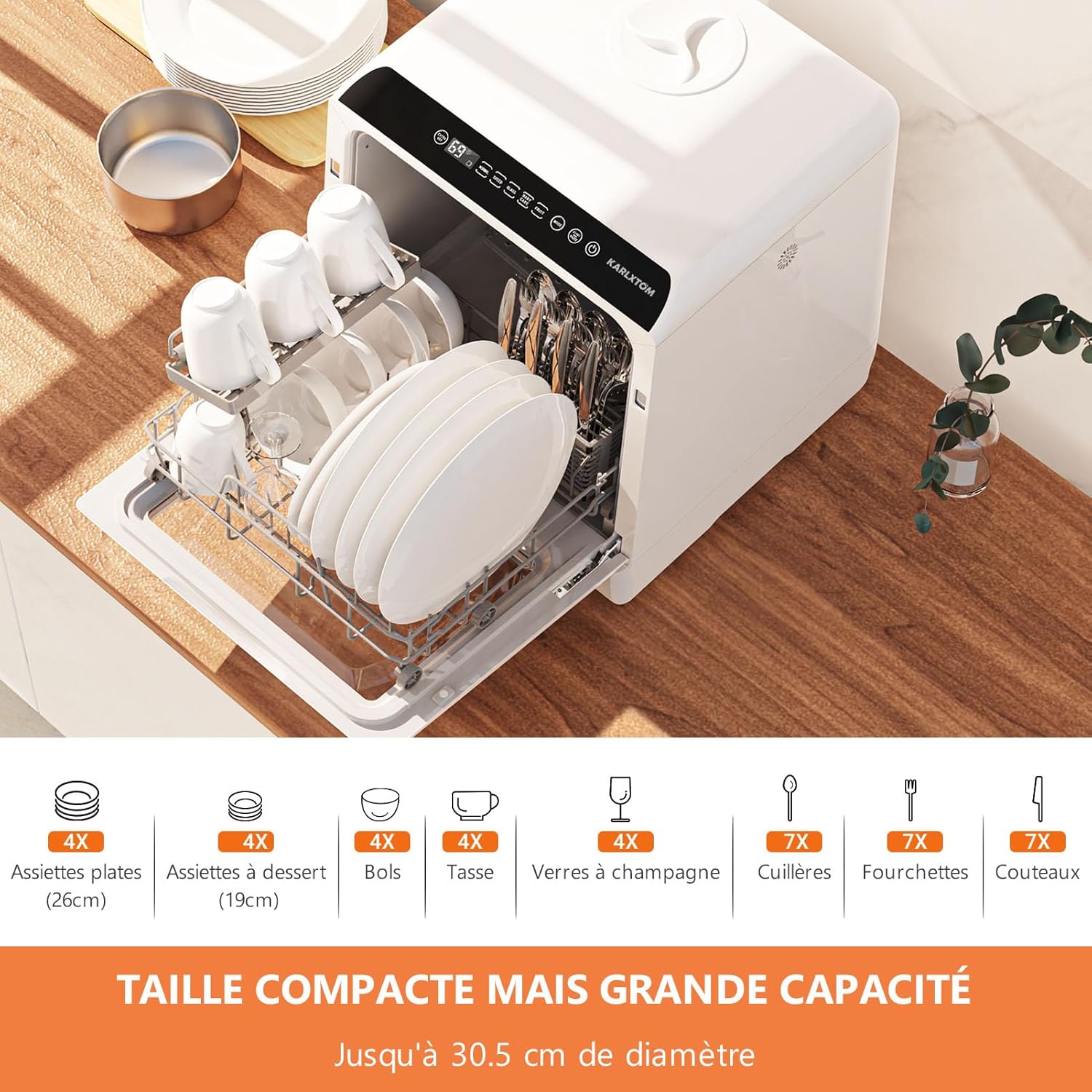Lave-vaisselle de table TDQR03A 5 L 45 cm 5 programmes écran tactile LED séchage blanc