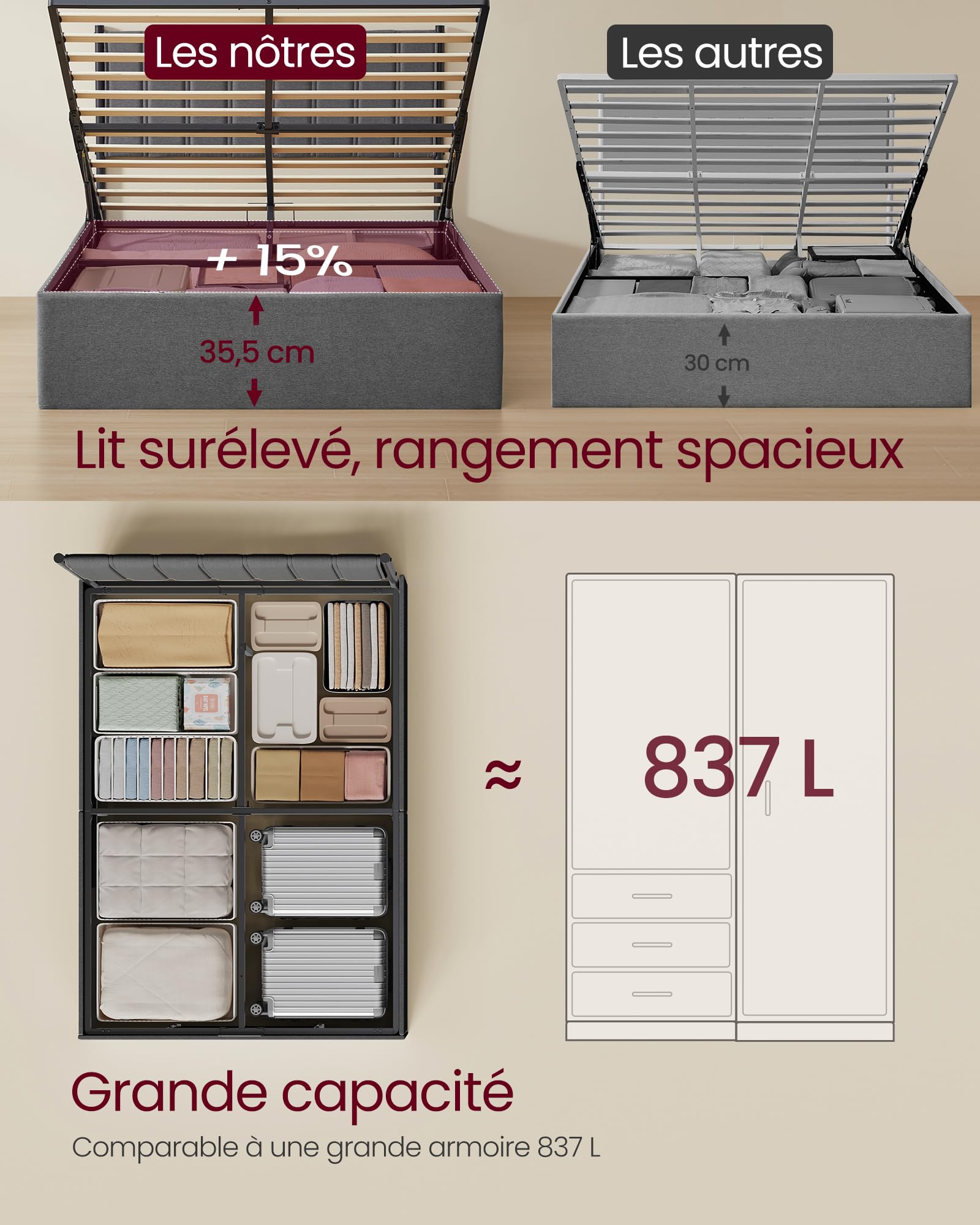 Lit coffre 140x190 cm sommier relevable hydraulique avec rangement tête de lit tissu gris cadre métal bois charge 454 kg