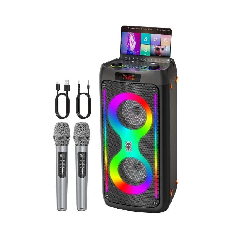 Machine karaoké portable 60 W haut-parleur Bluetooth 5.3 avec 2 microphones sans fil lumières disco USB TF AUX noir
