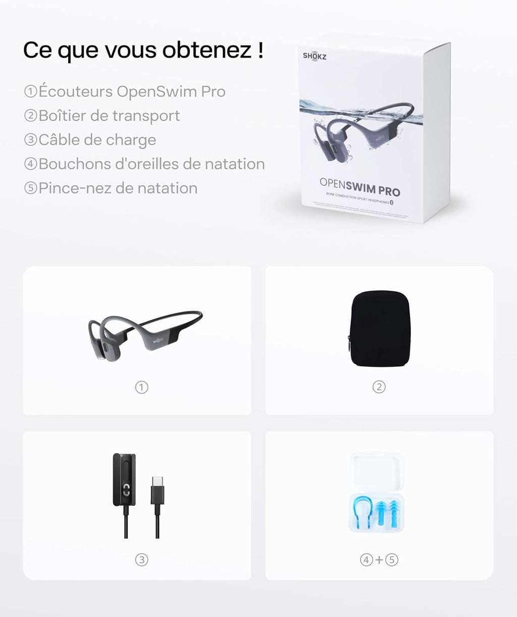 Casque à conduction osseuse OpenSwim Pro IP68 Bluetooth 5.4 stockage MP3 32 Go autonomie 9 h gris