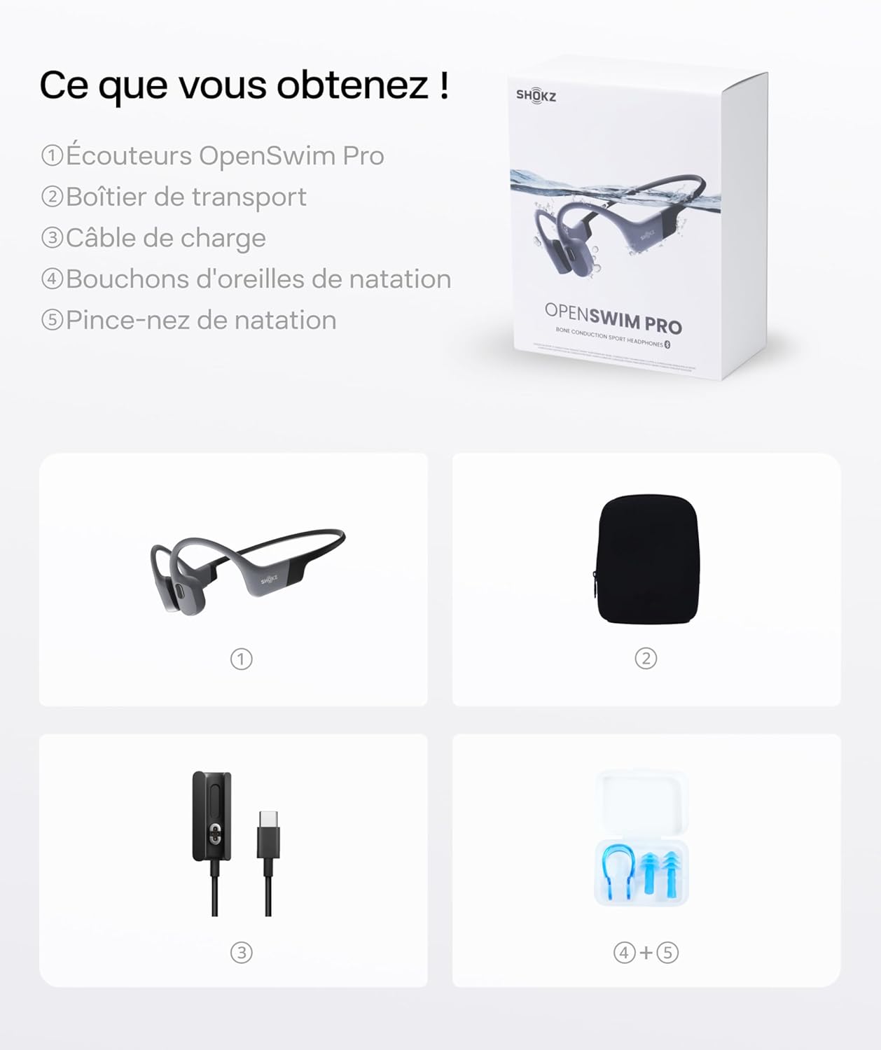 Casque à conduction osseuse OpenSwim Pro IP68 Bluetooth 5.4 stockage MP3 32 Go autonomie 9 h gris