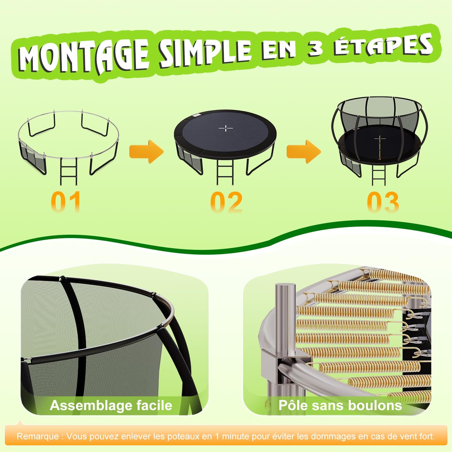 Trampoline extérieur diamètre 228-427cm avec filet sécurité couverture protection capacité charge 150kg enfants