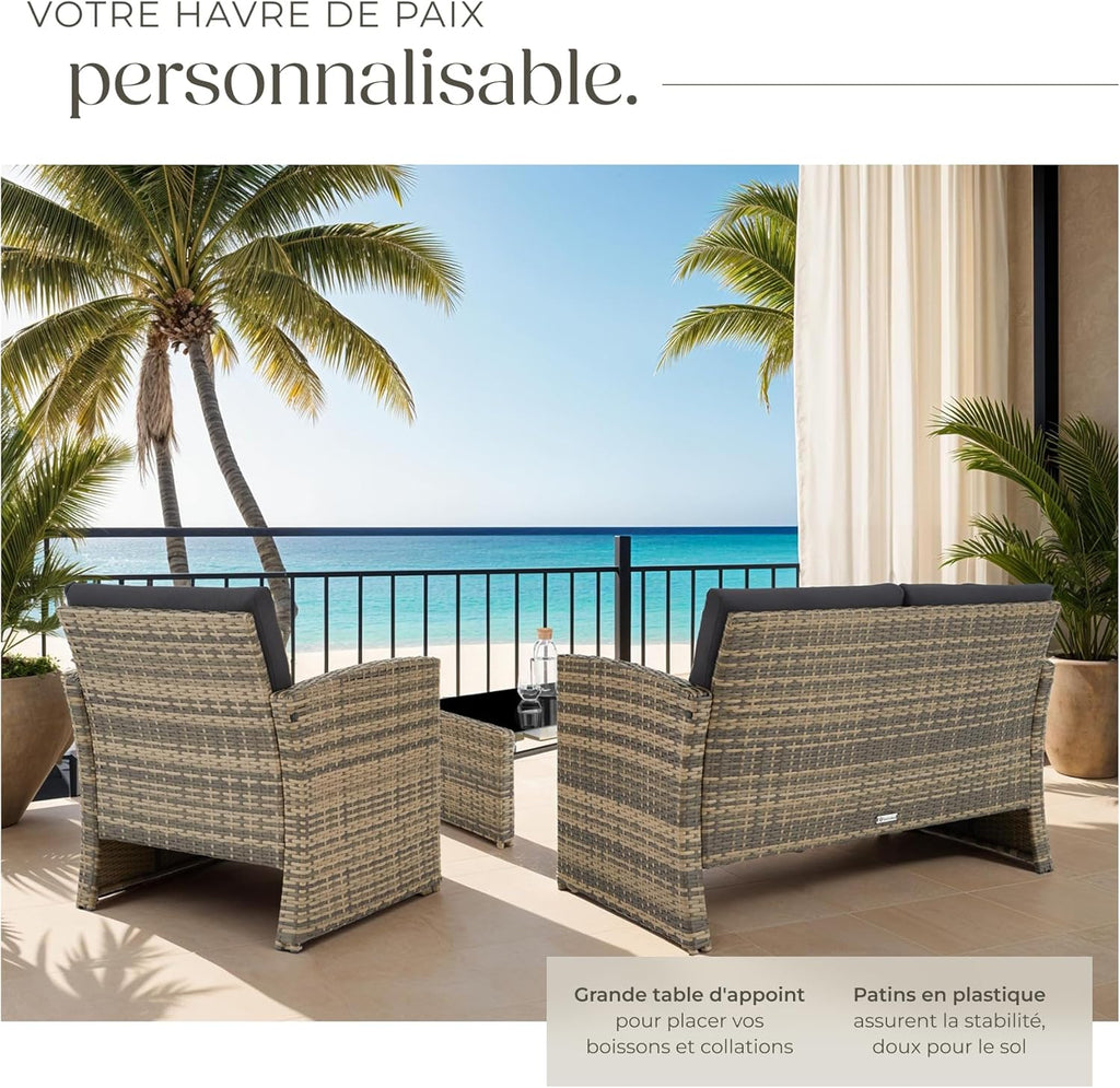 Salon de jardin résine 4 places canapé 2 fauteuils table plateau verre coussins inclus 122 x 70 x 76 cm marron gris