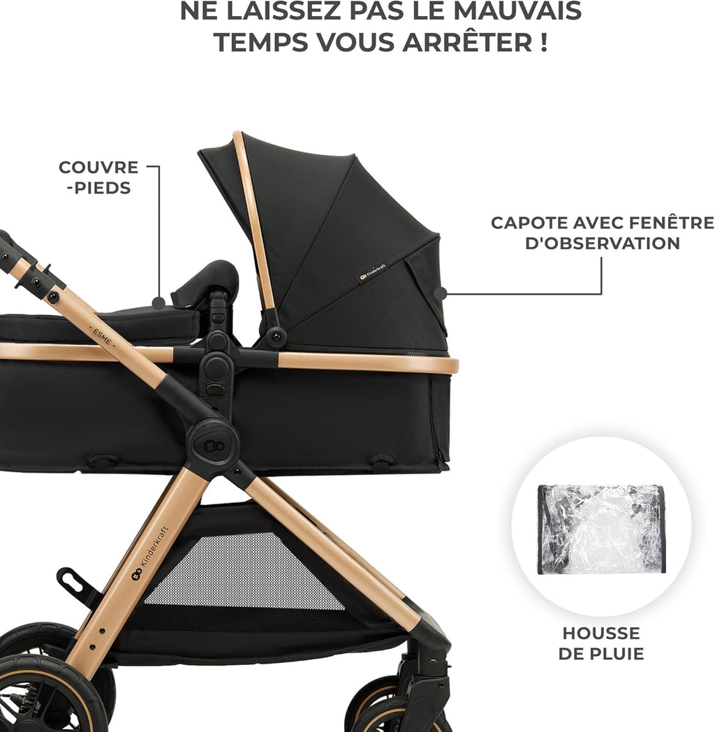 Poussette 3 en 1 ESME avec porte-bébé Mink PRO I-Size, système de voyage, pliable, nouveau-né jusqu'à 4 ans, noir