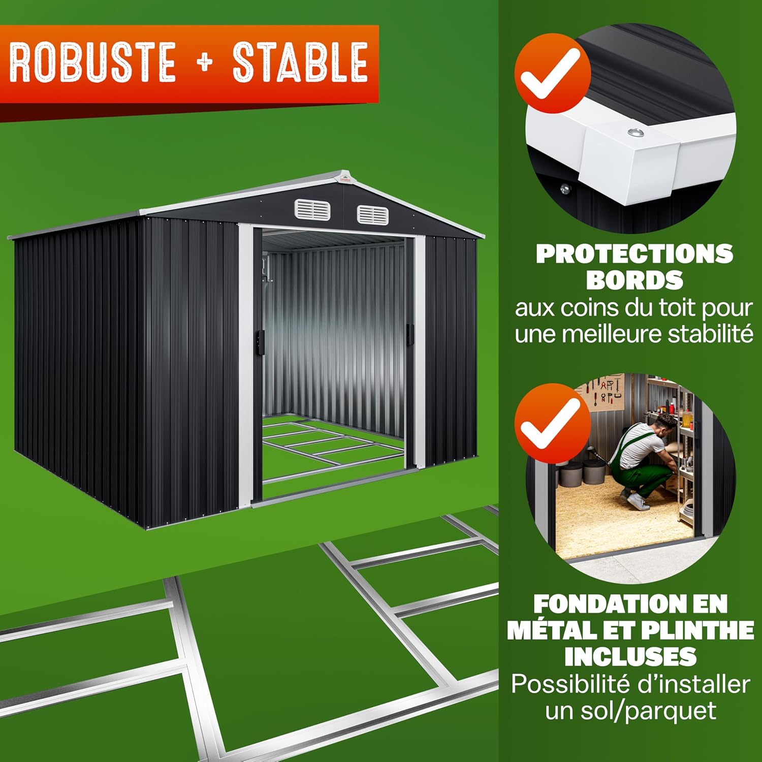 Abri de jardin métal XXL 5 m² Gardebruk 260 x 205 x 180 cm porte coulissante fondation incluse anthracite