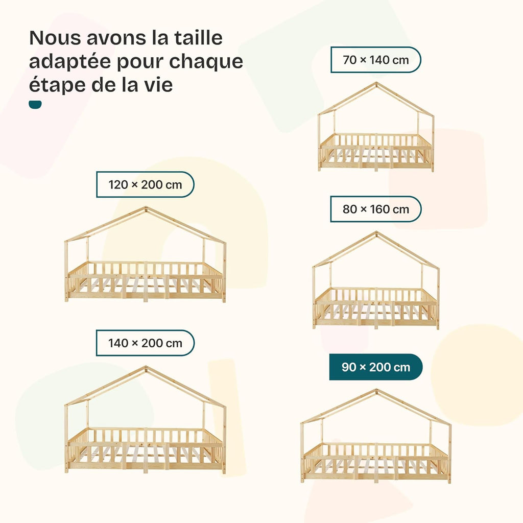 Lit enfant forme maison AAKB-8779 90 x 200 cm bois de pin avec barrière de protection sommier inclus charge 100 kg