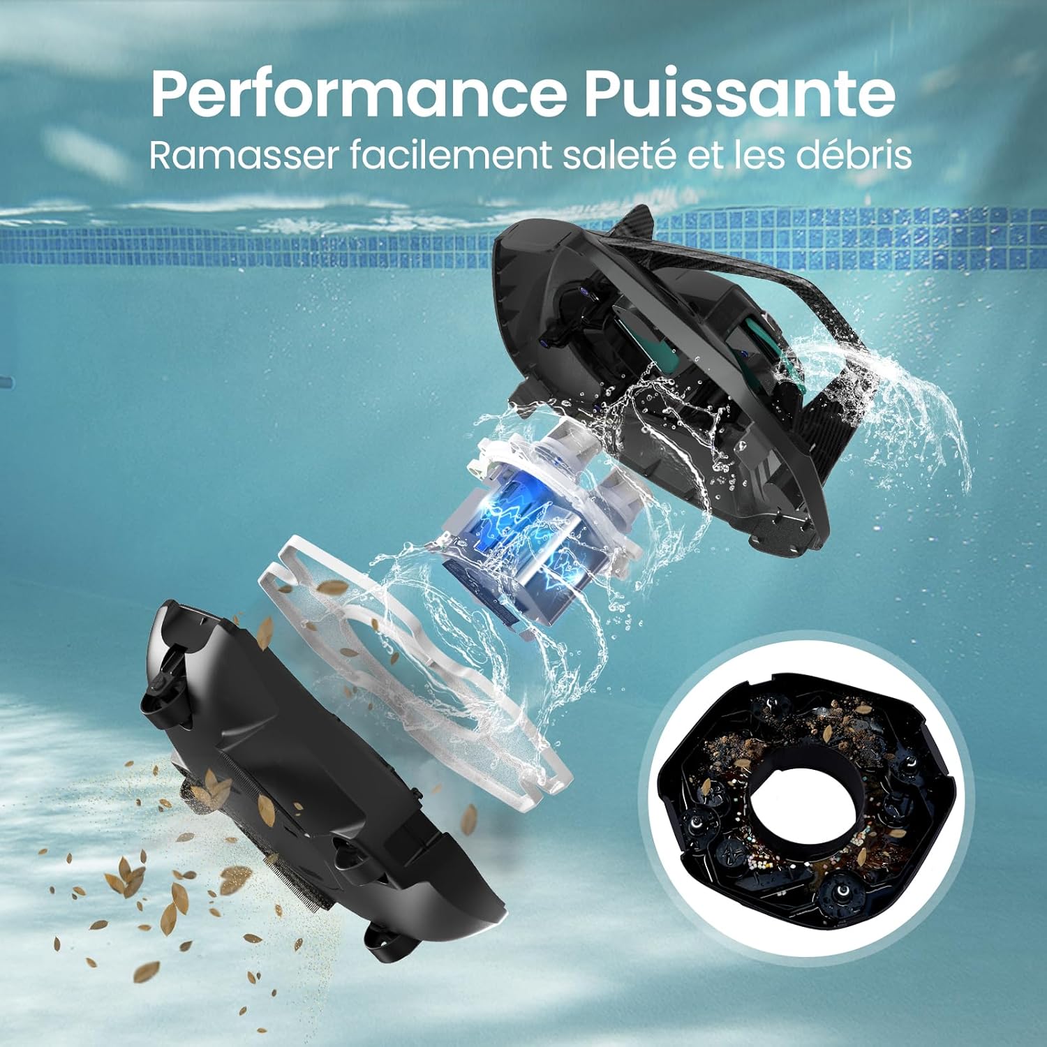 Robot piscine sans fil Seagull SE autonomie 90 min double moteur pour piscines jusqu’à 80 m² charge 2,5 h gris foncé