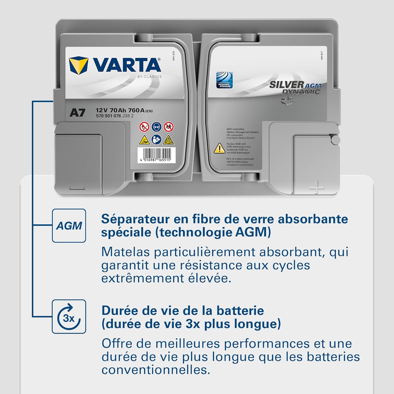 Batterie de démarrage Silver Dynamic AGM L3 A7 12 V 70 Ah 760 A Start-Stop polarité droite 278 x 175 x 190 mm