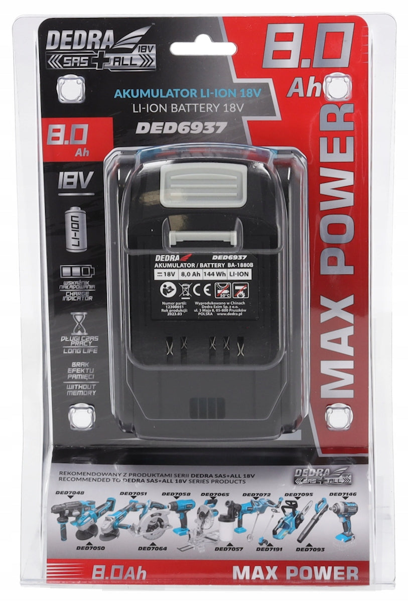 Akumulator Li-Ion DED6937 SAS+ALL 18 V 8 Ah do elektronarzędzi z 3-stopniowym wskaźnikiem LED ogniwa 21700